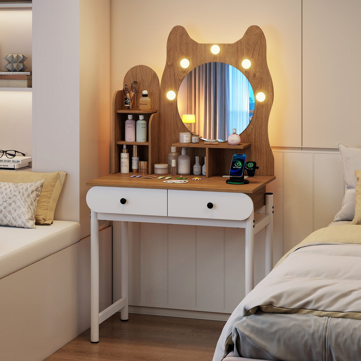 Small Vanity Desk with Mirror and Lights Cute Kitty Makeup Table with Power Outlets-Natural view 3