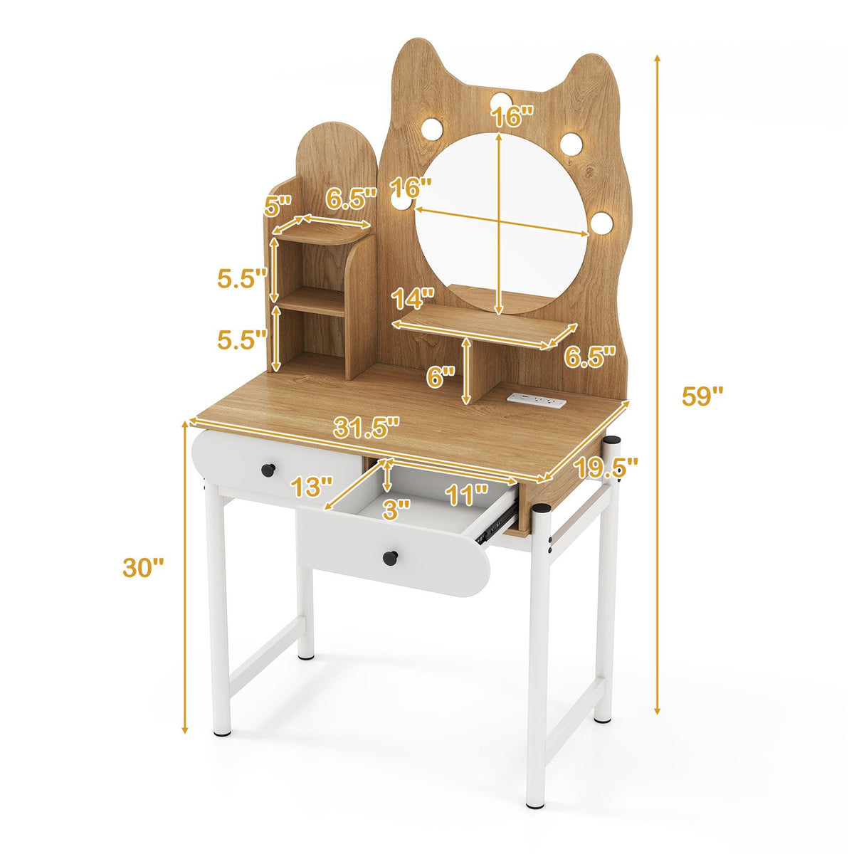 Small Vanity Desk with Mirror and Lights Cute Kitty Makeup Table with Power Outlets-Natural view 4