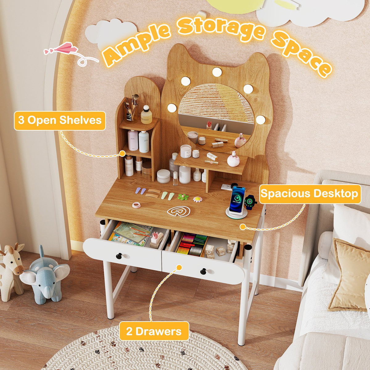 Small Vanity Desk with Mirror and Lights Cute Kitty Makeup Table with Power Outlets-Natural view 7