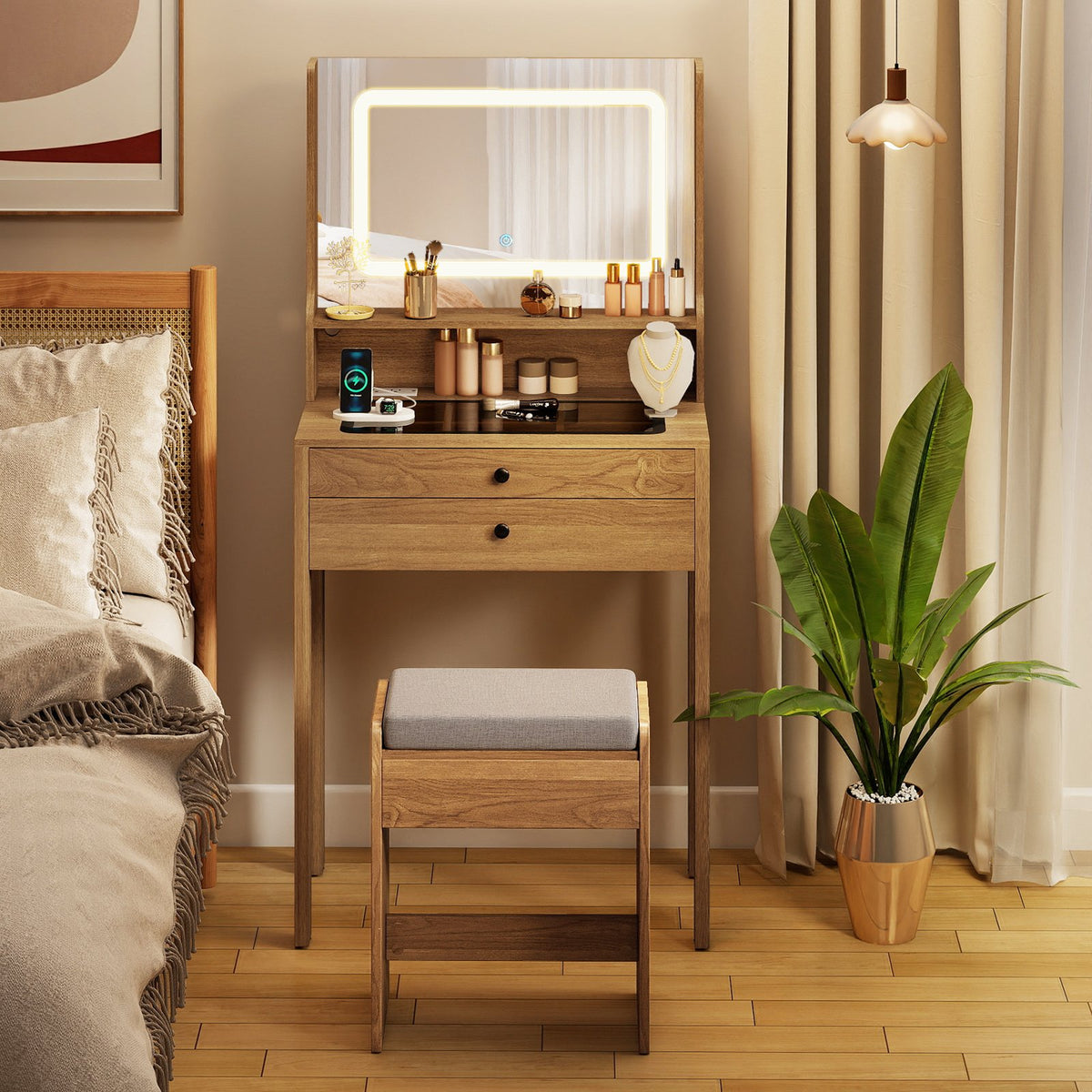 Small Vanity Desk with Mirror and Lights for Bedroom-Natural view 3