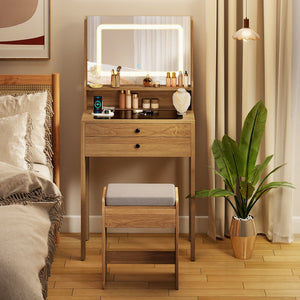 Small Vanity Desk with Mirror and Lights for Bedroom-Natural view 3