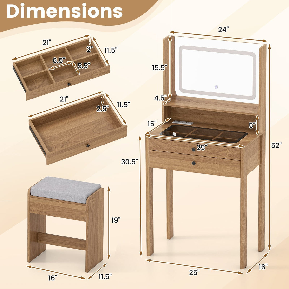 Small Vanity Desk with Mirror and Lights for Bedroom-Natural view 4