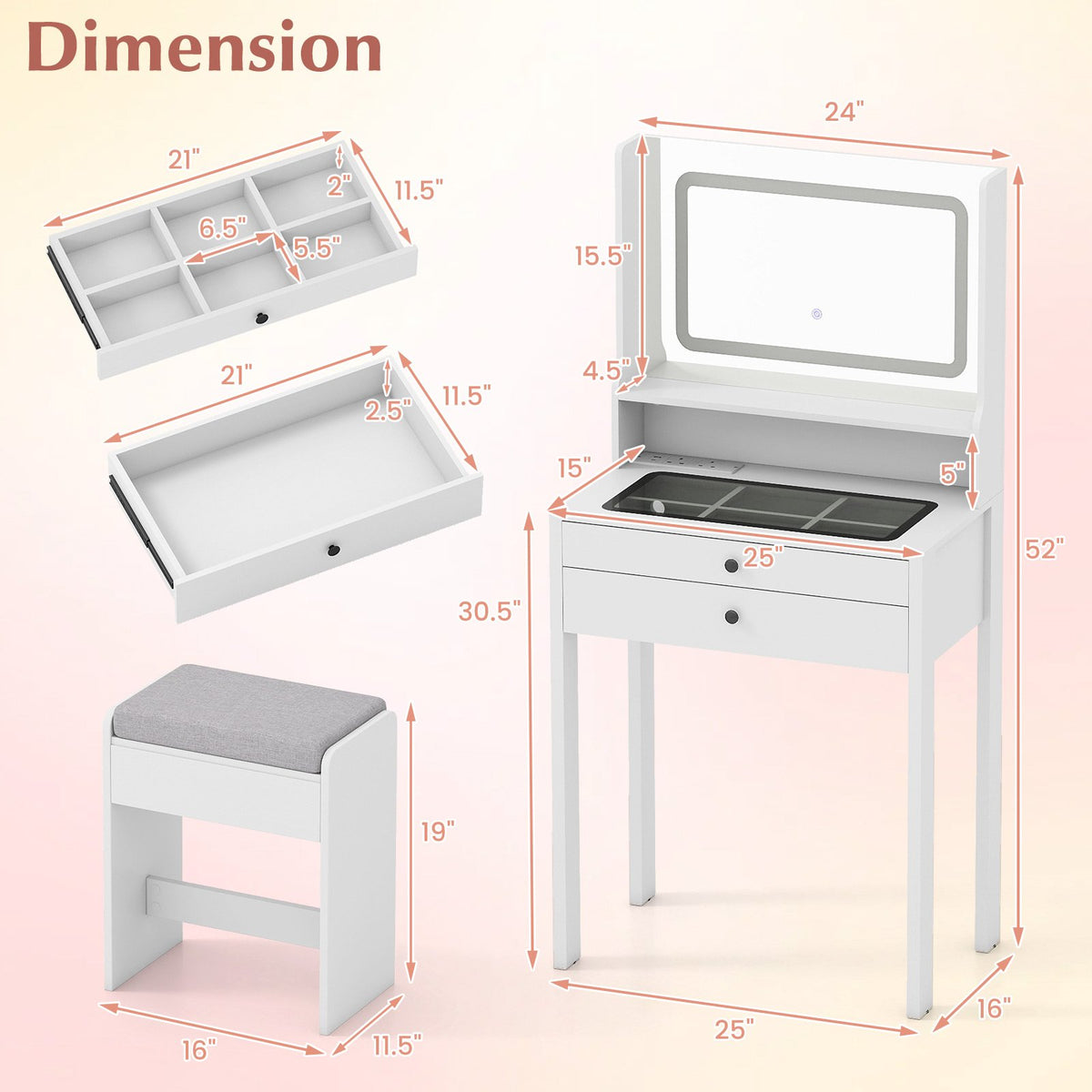 Small Vanity Desk with Mirror and Lights for Bedroom-White view 4