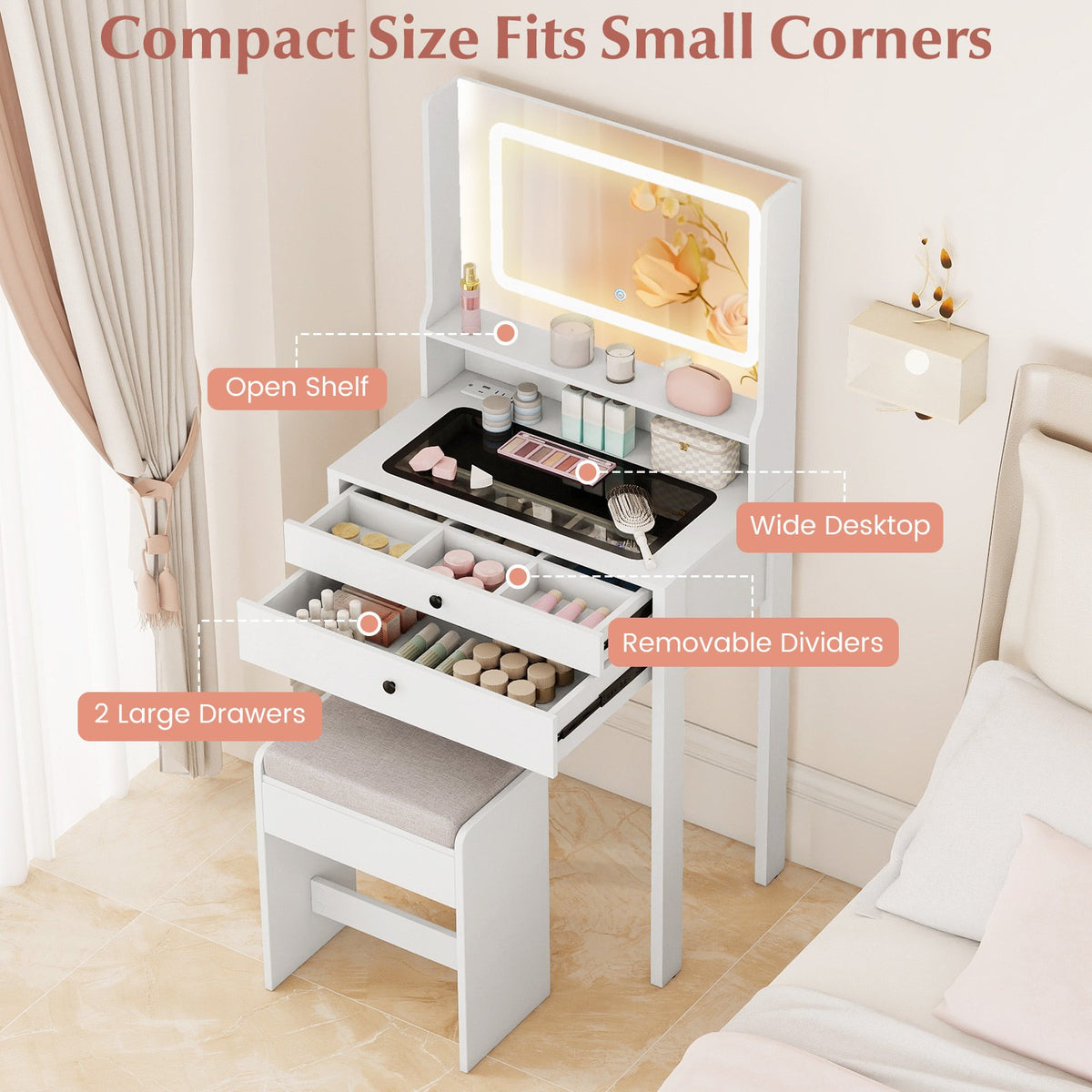 Small Vanity Desk with Mirror and Lights for Bedroom-White view 7