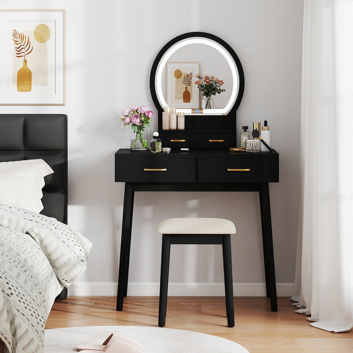 Small Vanity Makeup Dressing Table Set with Cushioned Stool and LED Lighted Mirror-Black view 3