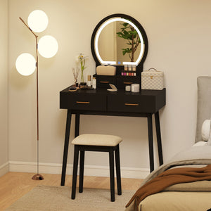 Small Vanity Makeup Dressing Table Set with Cushioned Stool and LED Lighted Mirror-Black view 6