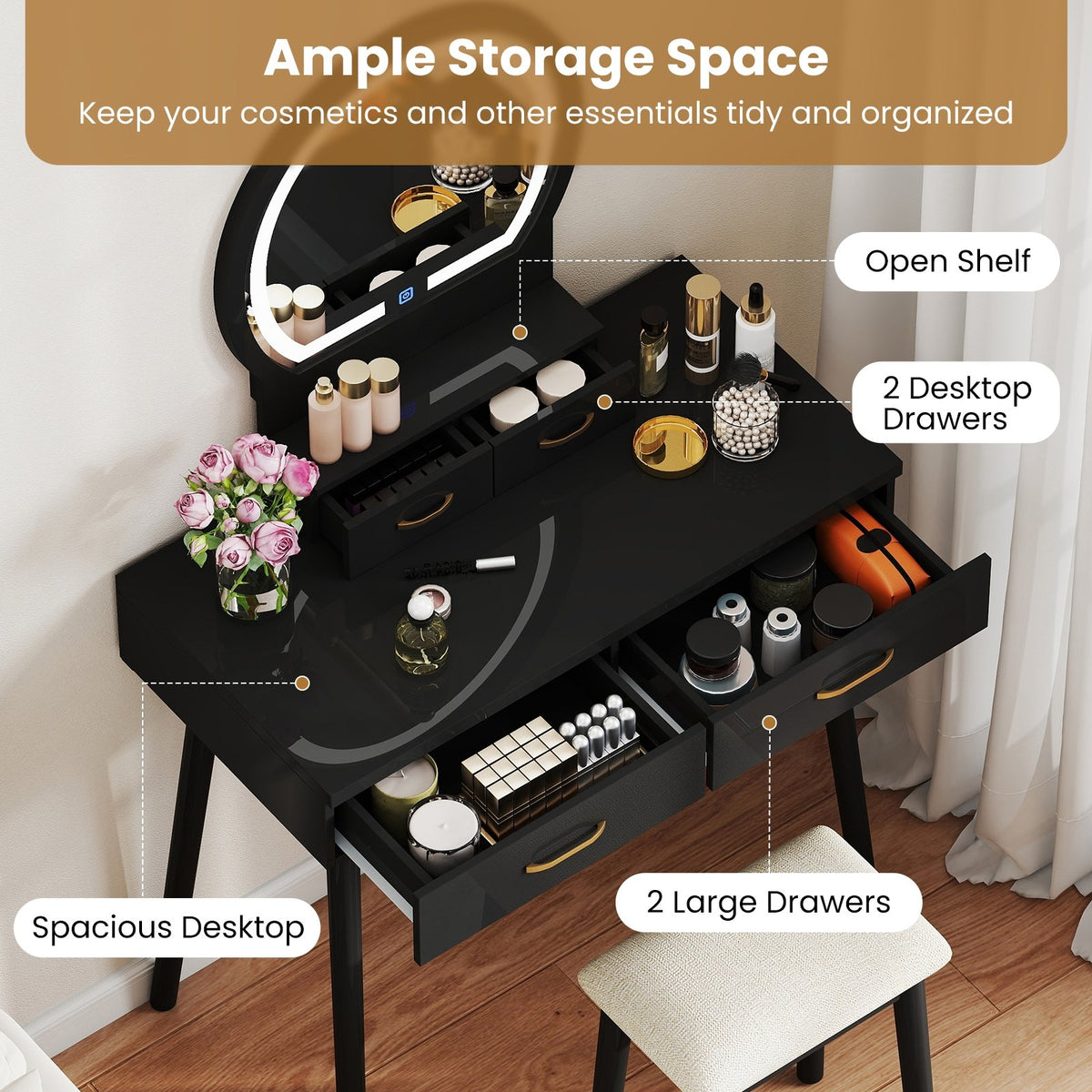 Small Vanity Makeup Dressing Table Set with Cushioned Stool and LED Lighted Mirror-Black view 7