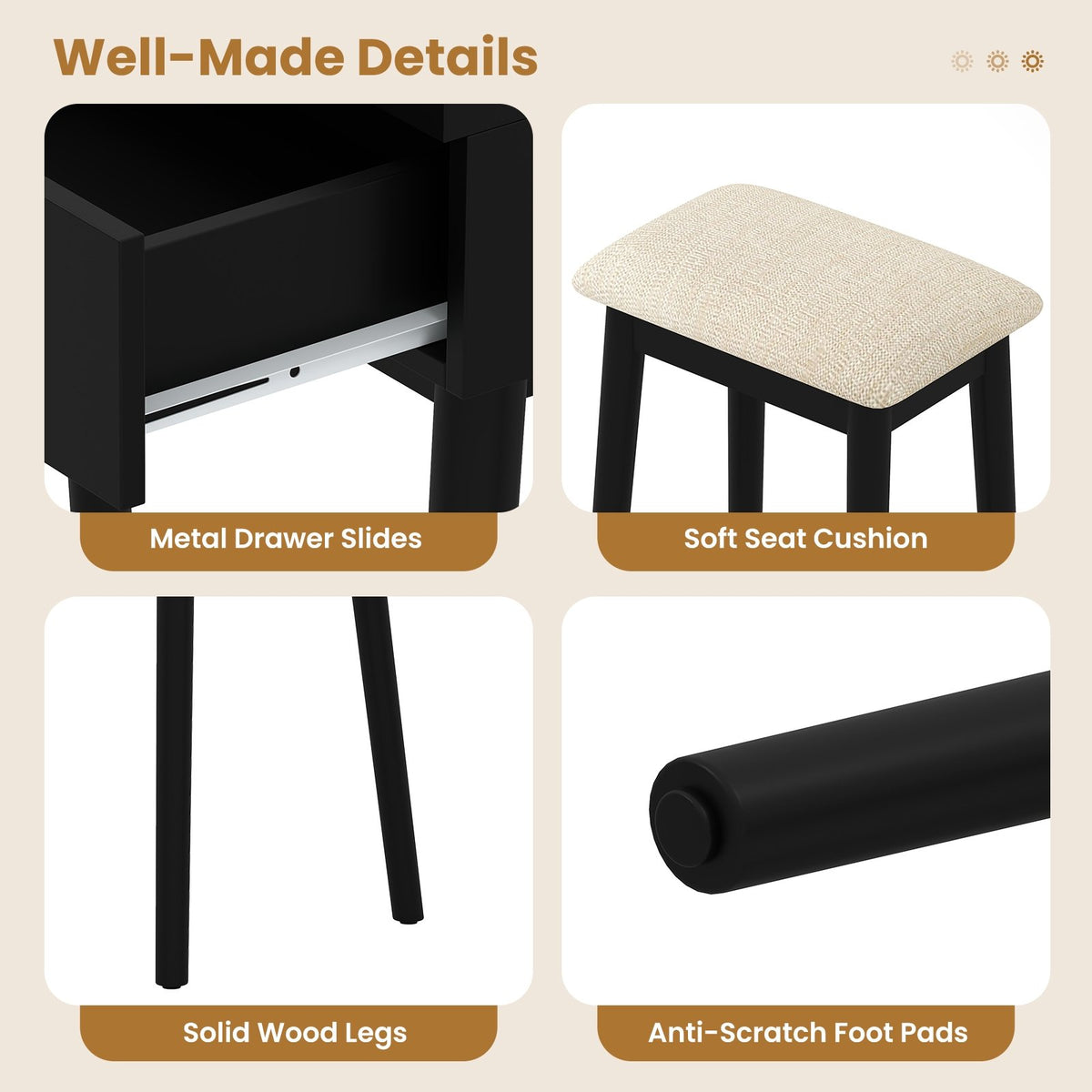 Small Vanity Makeup Dressing Table Set with Cushioned Stool and LED Lighted Mirror-Black view 9