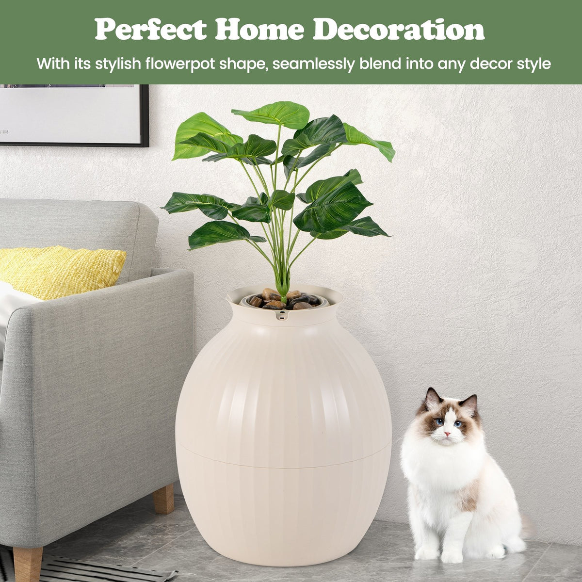 Smart Plant Cat Litter Box with Electronic Odor Removal & Sterilization-Beige view 3