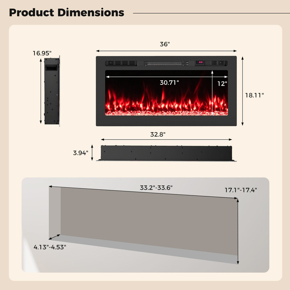 Smart WiFi Electric Fireplace Wall Mounted & Recessed 750W/1500W Heater-36 Inch view 5