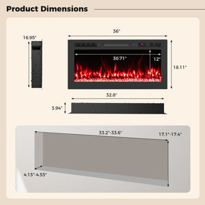 Smart WiFi Electric Fireplace Wall Mounted & Recessed 750W/1500W Heater-36 Inch view 5