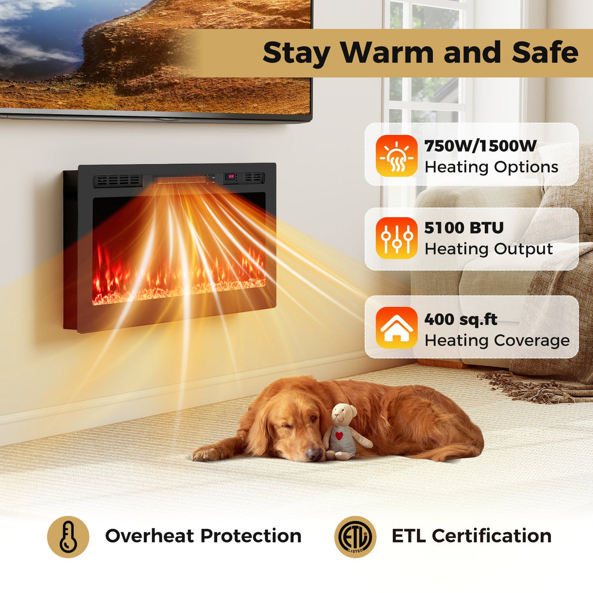 Smart WiFi Electric Fireplace Wall Mounted & Recessed 750W/1500W Heater-36 Inch view 7