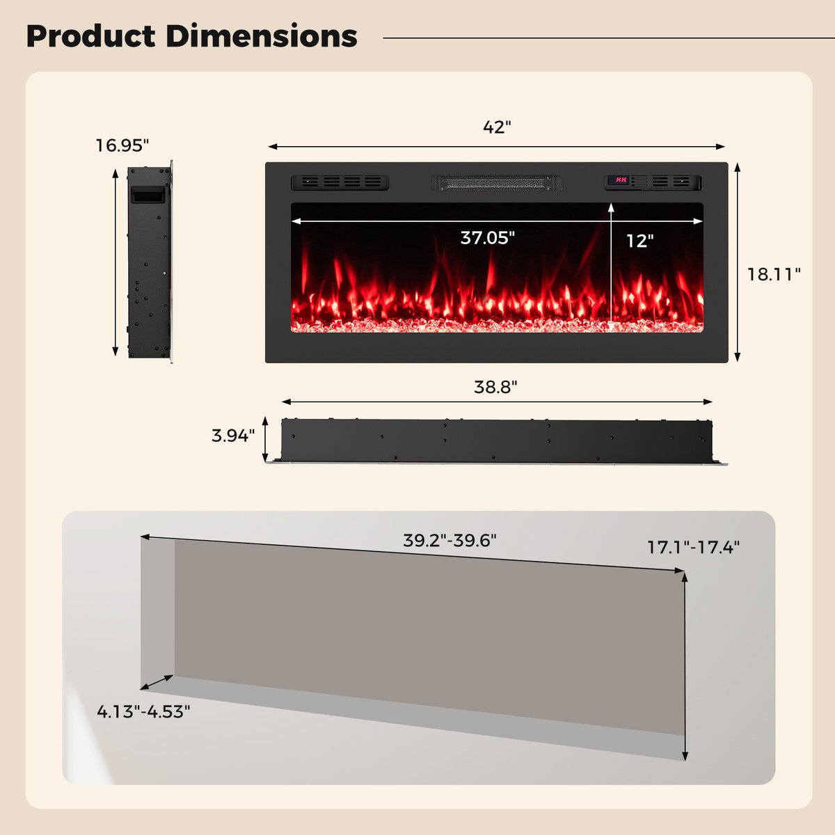Smart WiFi Electric Fireplace Wall Mounted & Recessed 750W/1500W Heater-42 Inch view 5