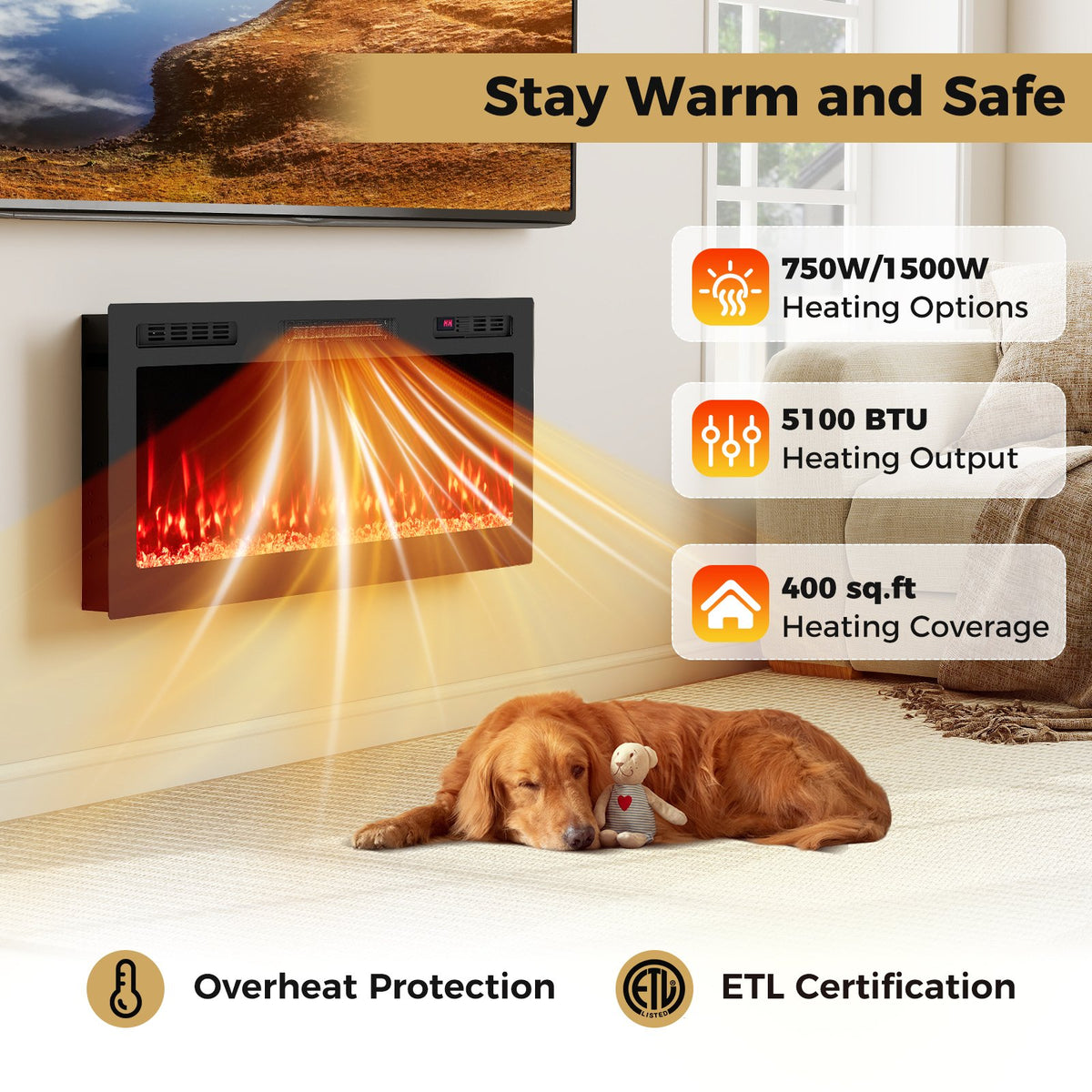 Smart WiFi Electric Fireplace Wall Mounted & Recessed 750W/1500W Heater-42 Inch view 7