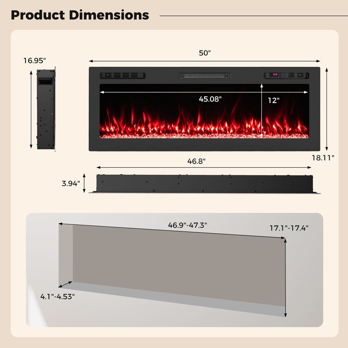 Smart WiFi Electric Fireplace Wall Mounted & Recessed 750W/1500W Heater-50 Inch view 5