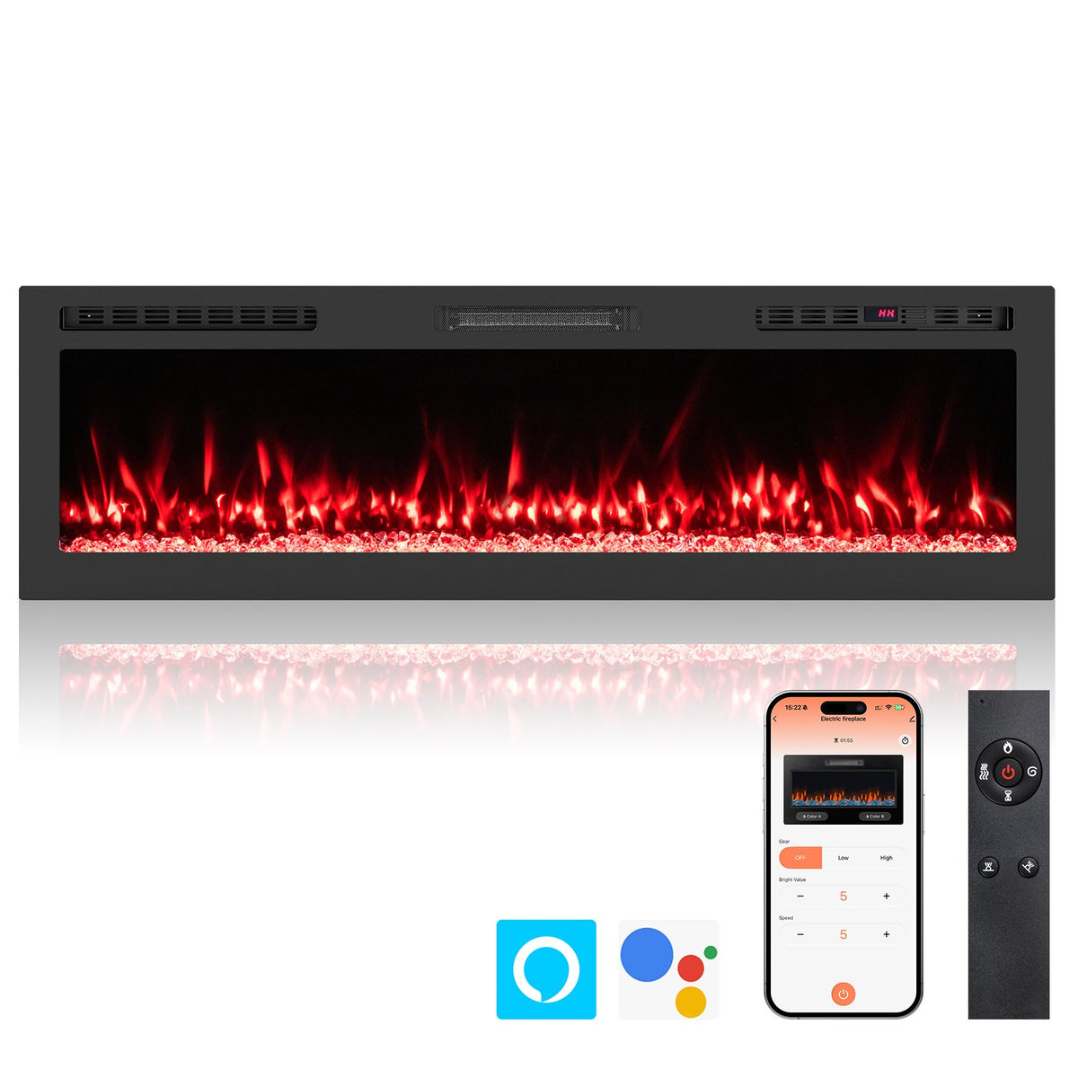 Smart WiFi Electric Fireplace Wall Mounted & Recessed 750W/1500W Heater-60 Inch view 4