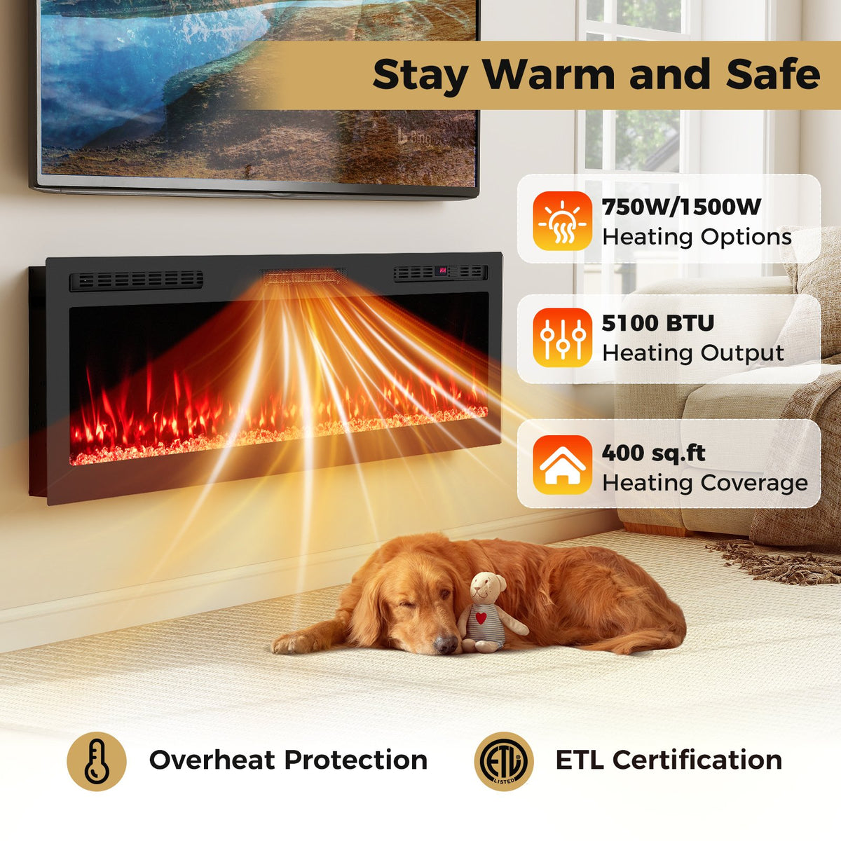 Smart WiFi Electric Fireplace Wall Mounted & Recessed 750W/1500W Heater-60 Inch view 7