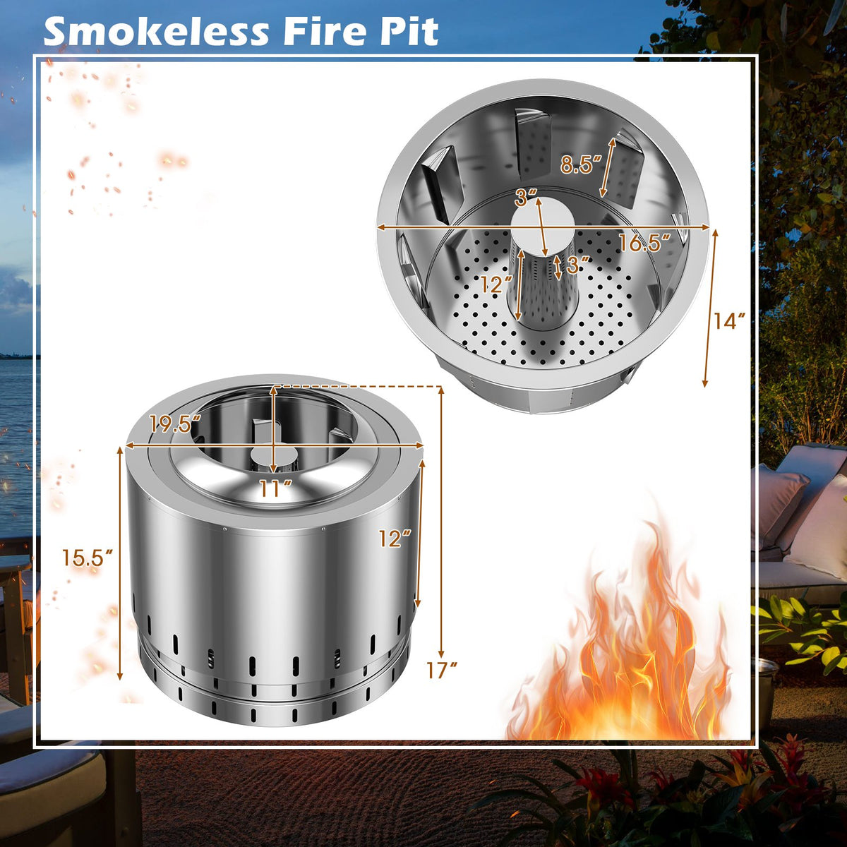 Smokeless Stainless Steel Fire Pit with Ash Pan for Yard Camping-Silver view 4