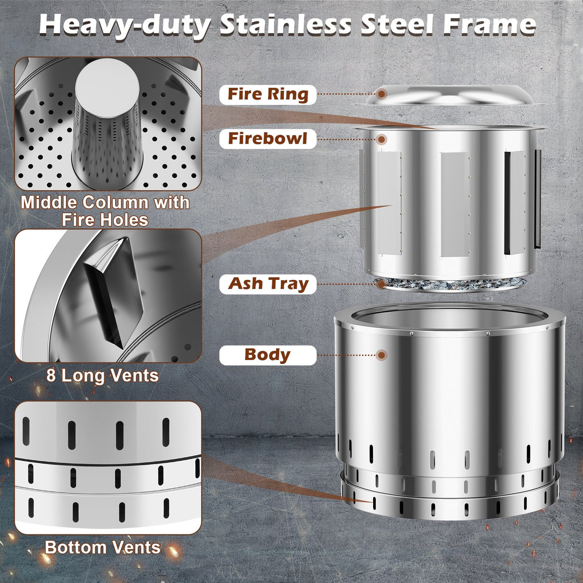 Smokeless Stainless Steel Fire Pit with Ash Pan for Yard Camping-Silver view 8