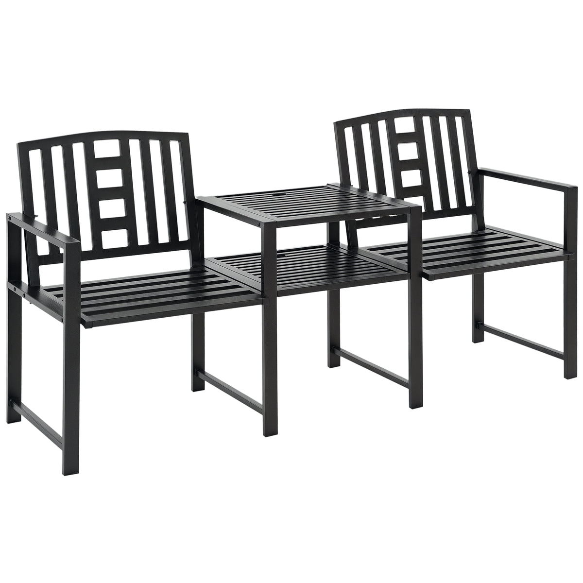 Steel Garden Bench w/ Middle Table, Umbrella Hole, Double Seat for Outdoor, Patio, Backyard  Weather-Resistant Frame, Black