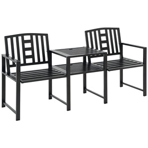 Steel Garden Bench w/ Middle Table, Umbrella Hole, Double Seat for Outdoor, Patio, Backyard  Weather-Resistant Frame, Black
