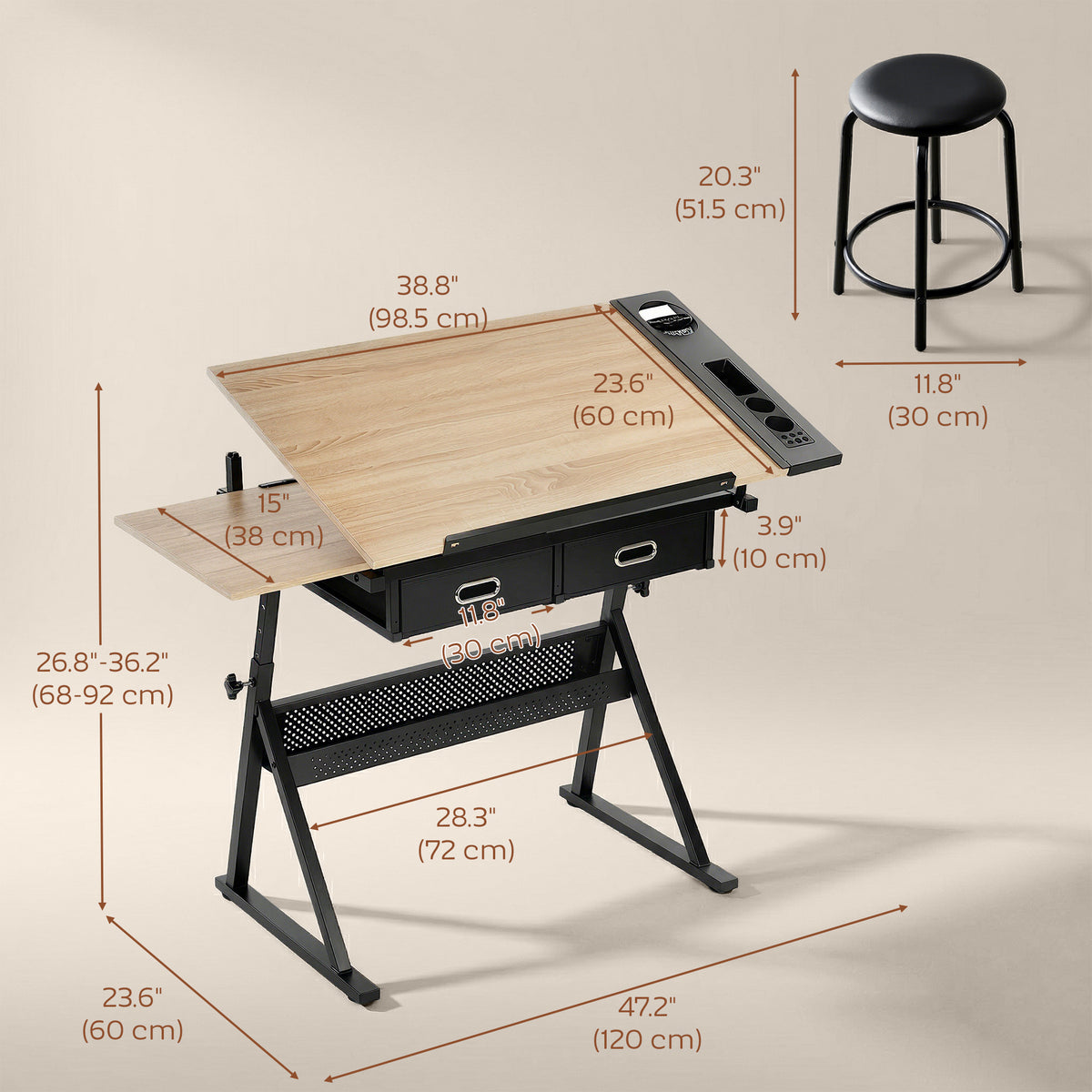 Adjustable Drafting Table, Art Desk Drawing Table Workstation with Stool and Storage Drawers for Painting, Oak