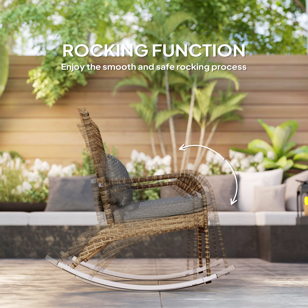Adirondack Chair, Outdoor Wicker Rocking Chair with High Back, Seat Cushion and Pillow for Porch, Balcony, Cream/Brown
