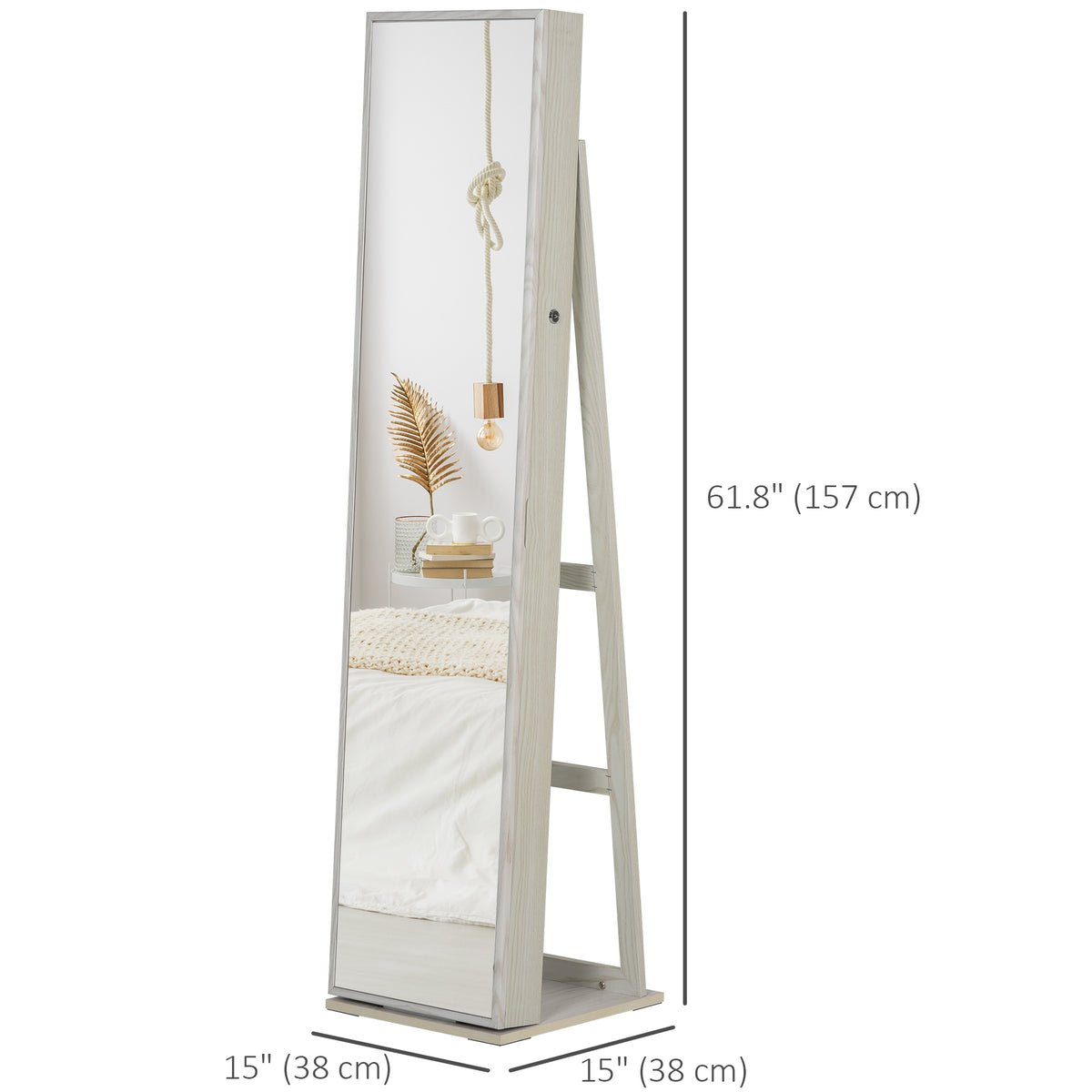 Mirror Jewelry Cabinet Armoire, Lockable Jewelry Organizer with Full-Length Mirror, LED Lights, Standing Jewelry Armoire in White Wood