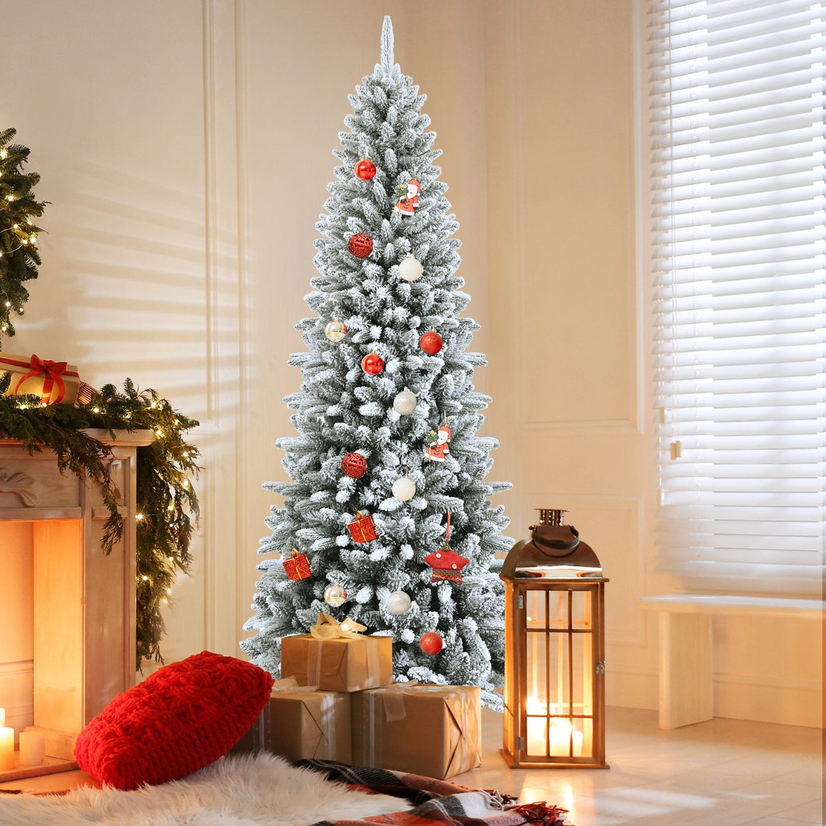Snow-Flocked Hinged Artificial Christmas Pencil Tree with Mixed Tips-7.5' view 2