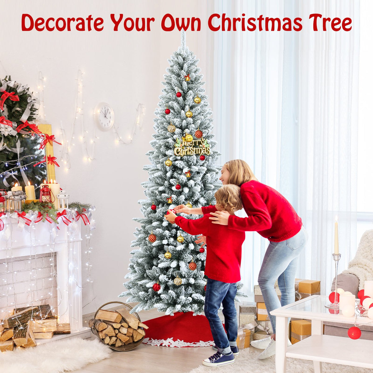 Snow-Flocked Hinged Artificial Christmas Pencil Tree with Mixed Tips-7.5' view 5