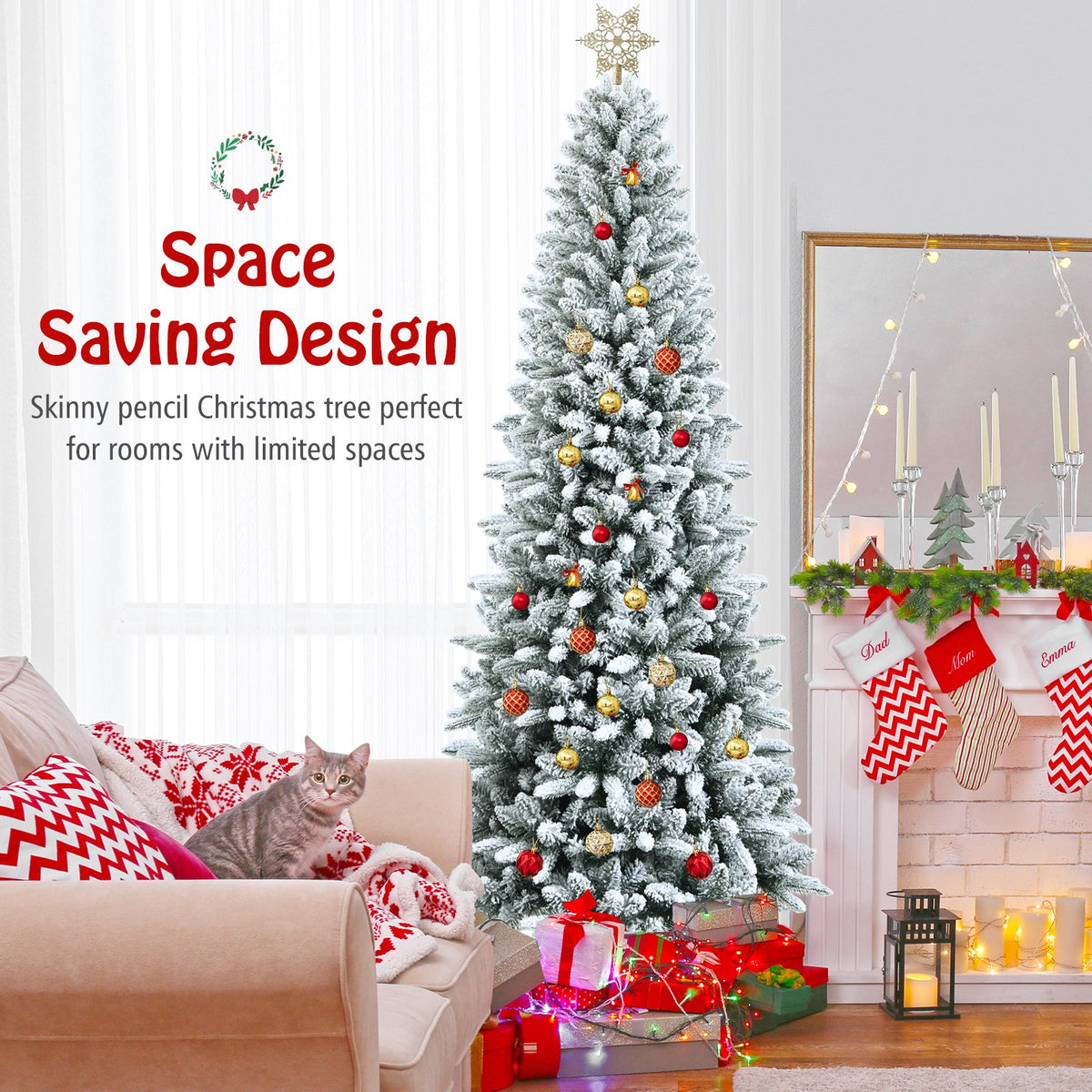 Snow-Flocked Hinged Artificial Christmas Pencil Tree with Mixed Tips-7.5' view 6