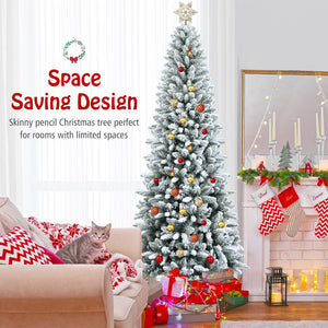 Snow-Flocked Hinged Artificial Christmas Pencil Tree with Mixed Tips-7.5' view 6