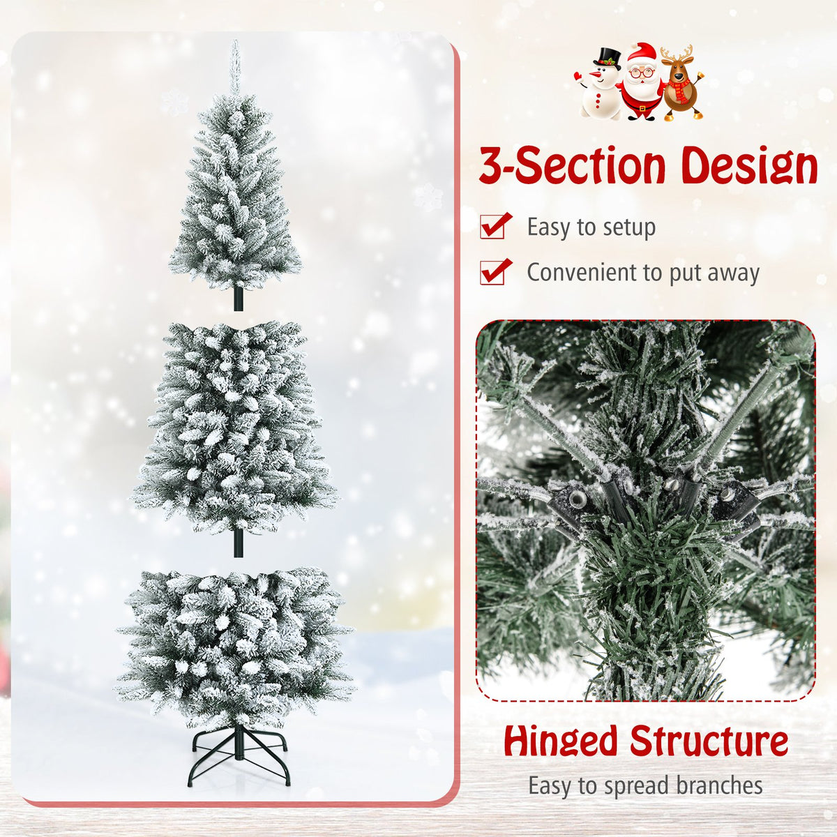 Snow-Flocked Hinged Artificial Christmas Pencil Tree with Mixed Tips-7.5' view 8