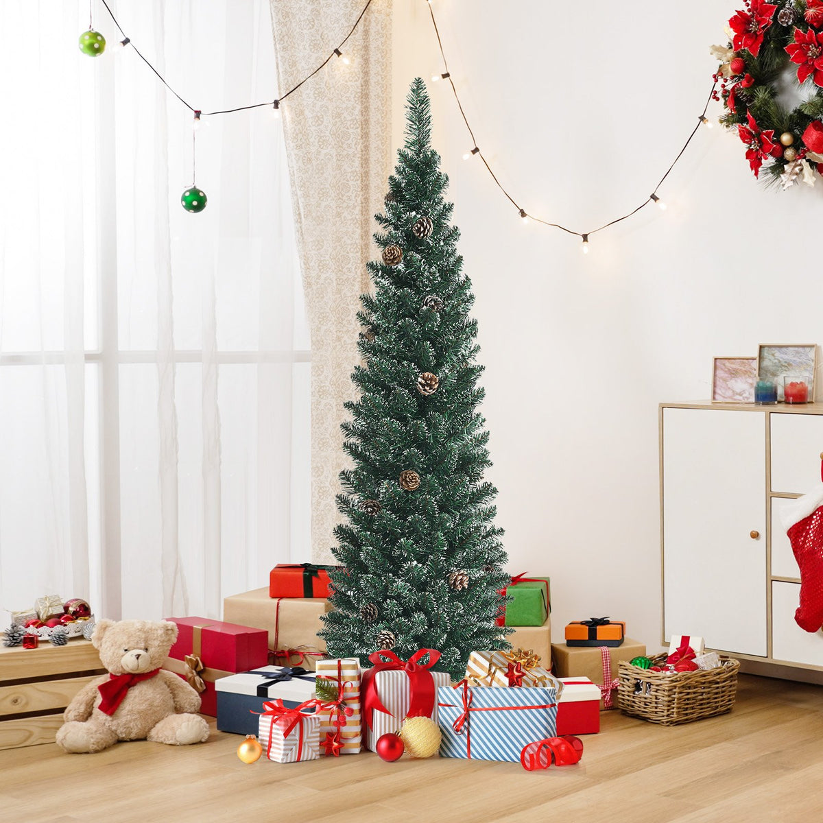 Snowy Artificial Pencil Christmas Tree with Pine Cones-5 ft view 2
