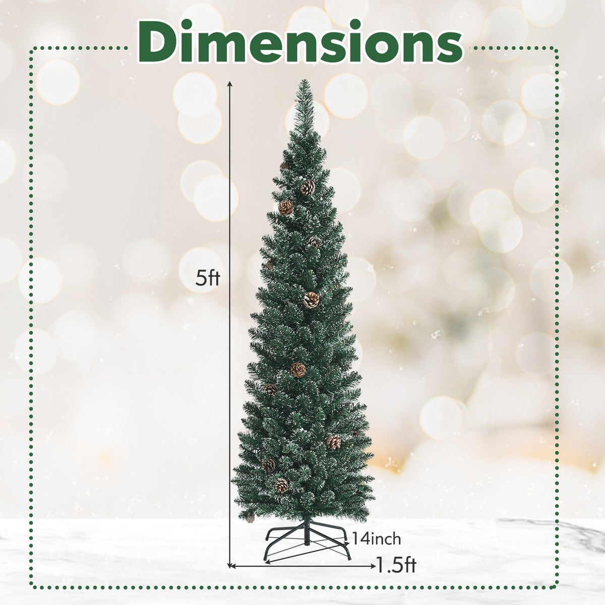 Snowy Artificial Pencil Christmas Tree with Pine Cones-5 ft view 4