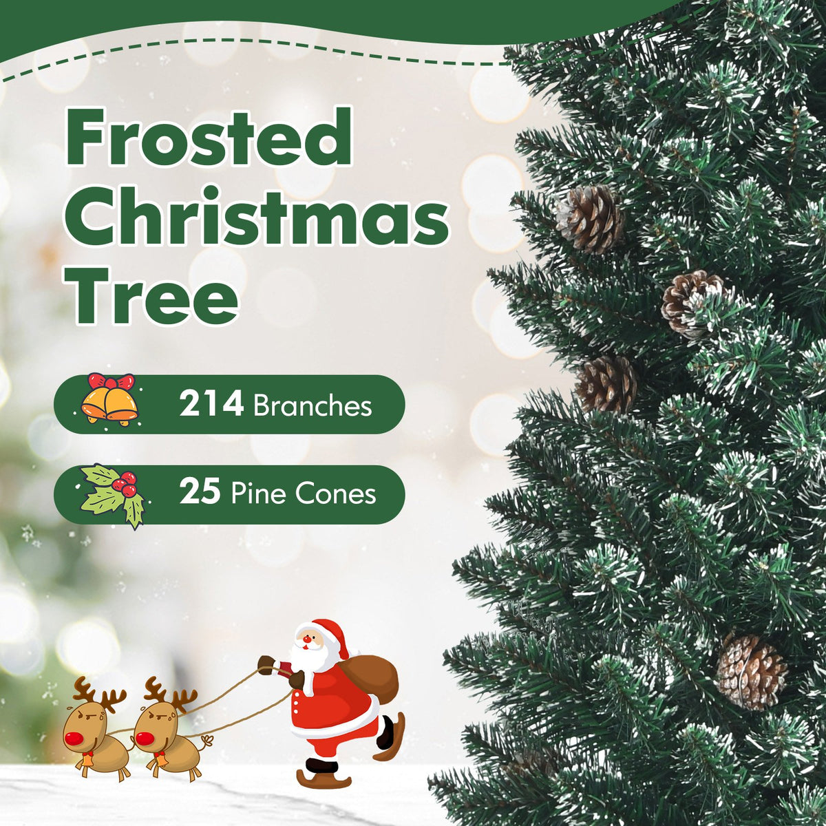 Snowy Artificial Pencil Christmas Tree with Pine Cones-5 ft view 5