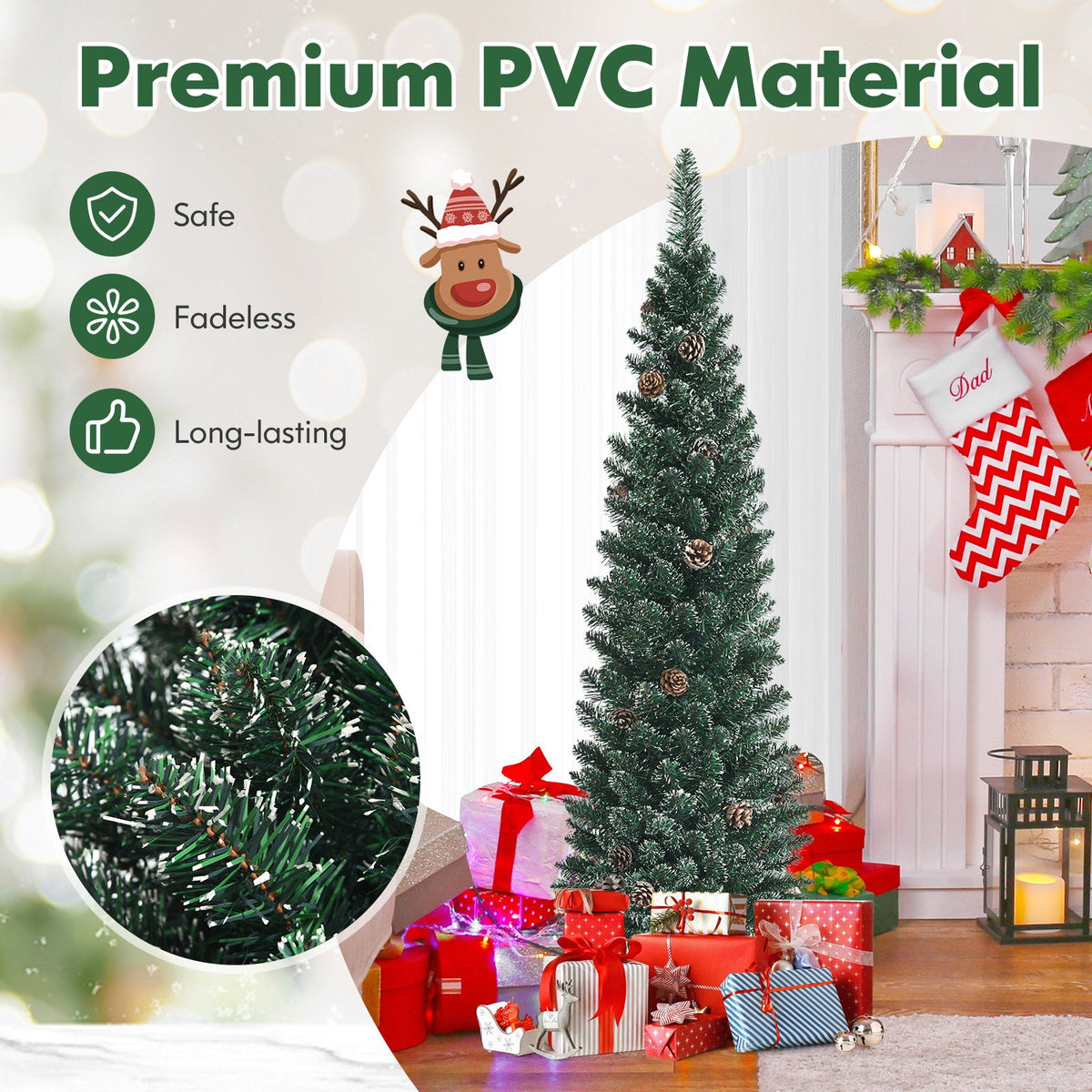 Snowy Artificial Pencil Christmas Tree with Pine Cones-5 ft view 6