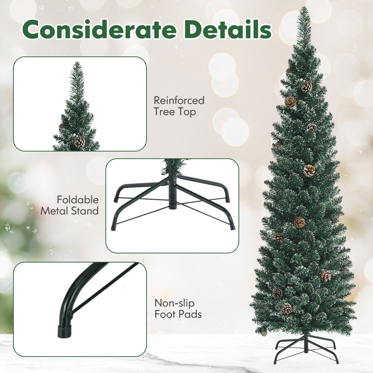 Snowy Artificial Pencil Christmas Tree with Pine Cones-5 ft view 7