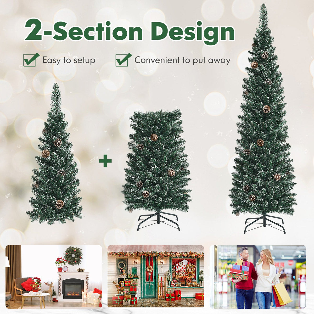 Snowy Artificial Pencil Christmas Tree with Pine Cones-5 ft view 8