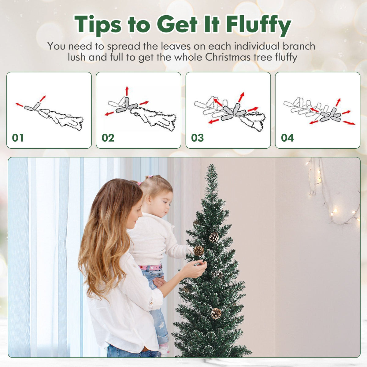 Snowy Artificial Pencil Christmas Tree with Pine Cones-5 ft view 9