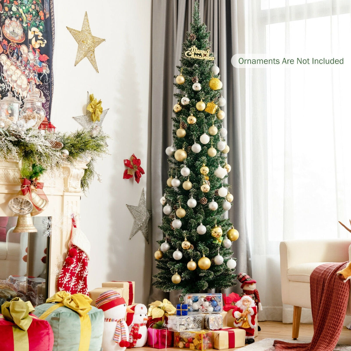 Snowy Artificial Pencil Christmas Tree with Pine Cones-7 ft view 2