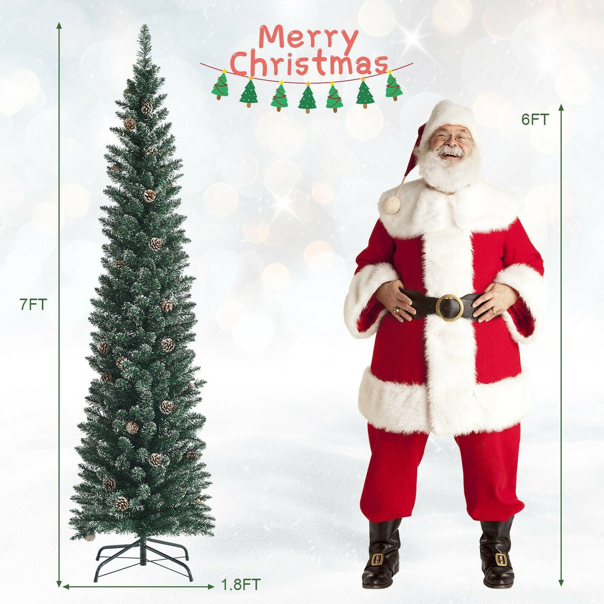 Snowy Artificial Pencil Christmas Tree with Pine Cones-7 ft view 5