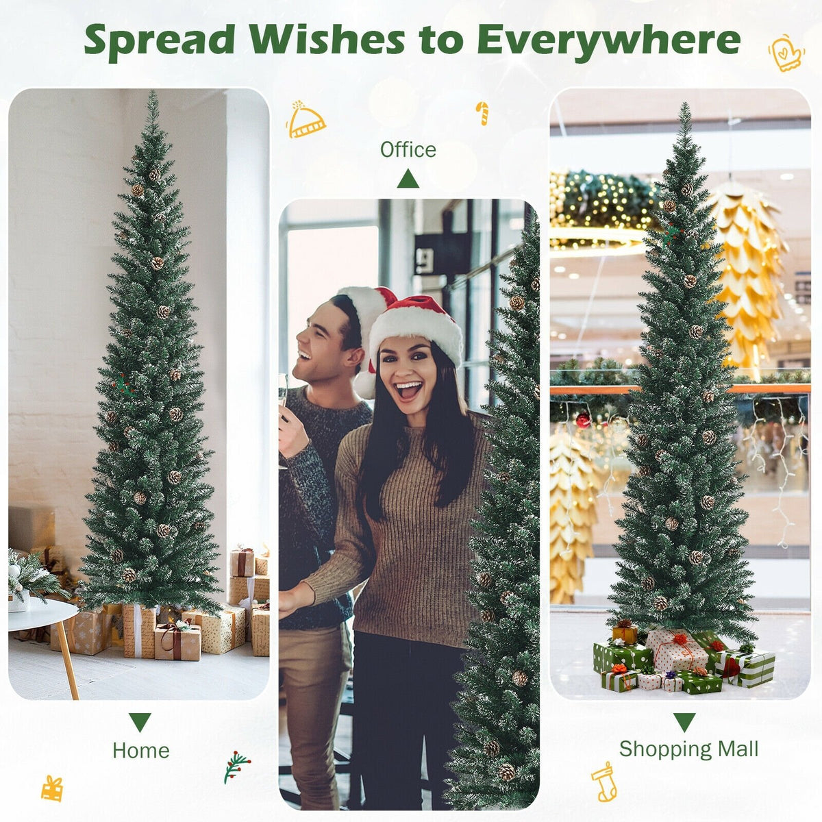 Snowy Artificial Pencil Christmas Tree with Pine Cones-7 ft view 7