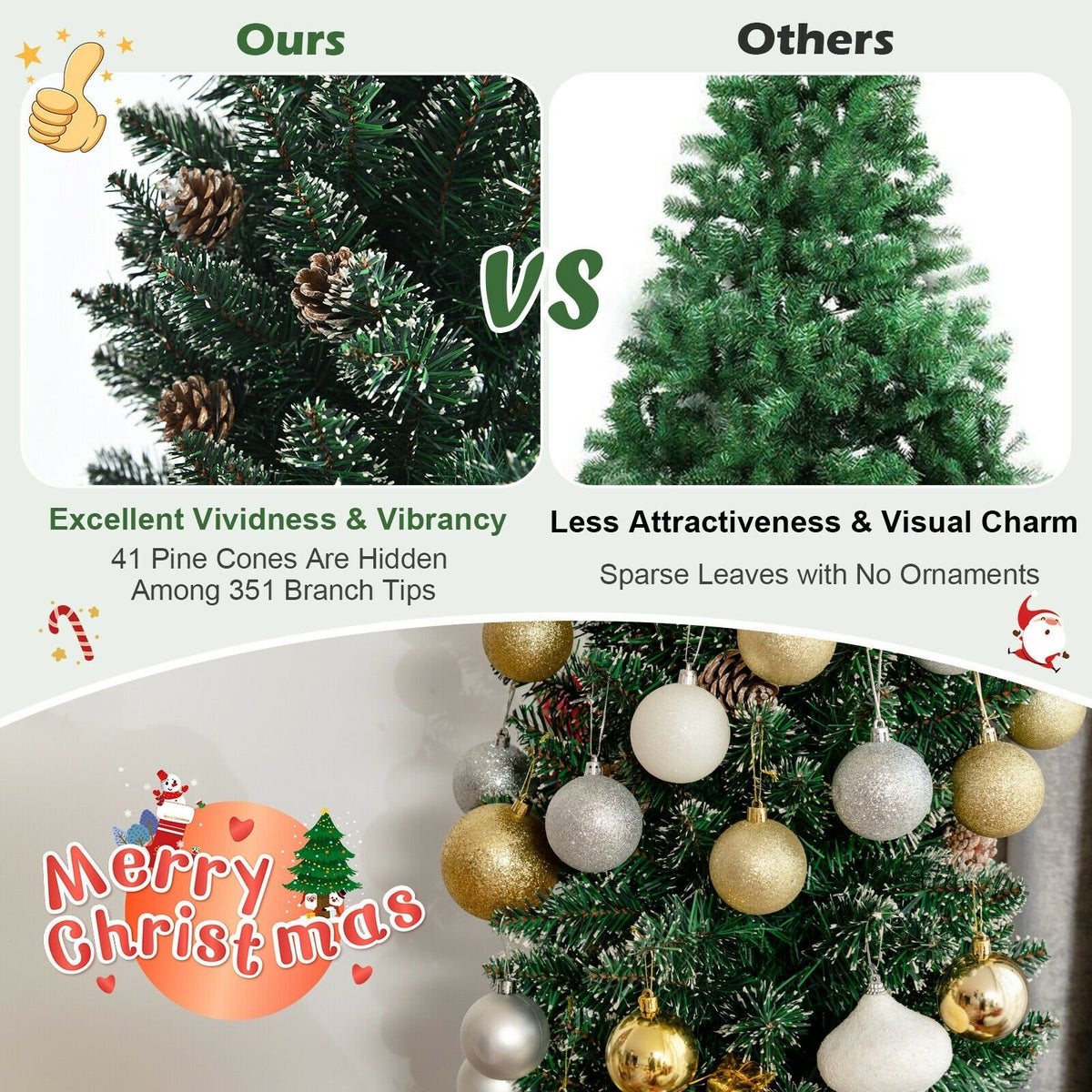 Snowy Artificial Pencil Christmas Tree with Pine Cones-7 ft view 8