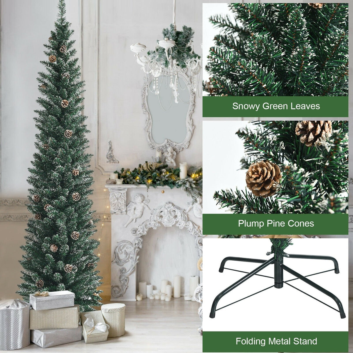 Snowy Artificial Pencil Christmas Tree with Pine Cones-7 ft view 9