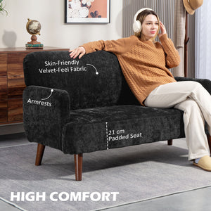 Velvet Feel Fabric 2 Seater Sofa, Small Sofa Loveseat with 8.3" Thick Padding and Wood Legs, Black – view 3