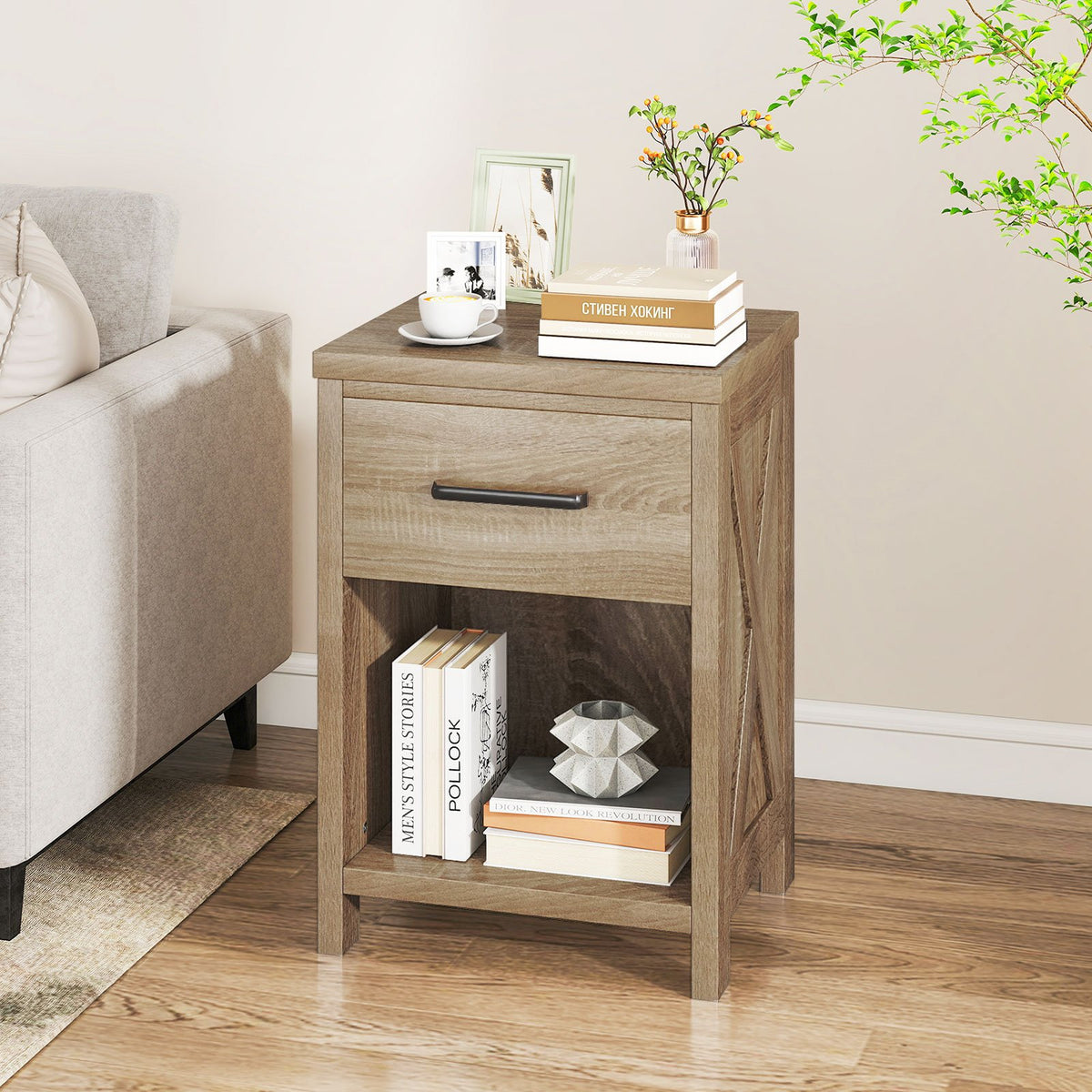 Nightstand with Drawer and Shelf-Natural view 3
