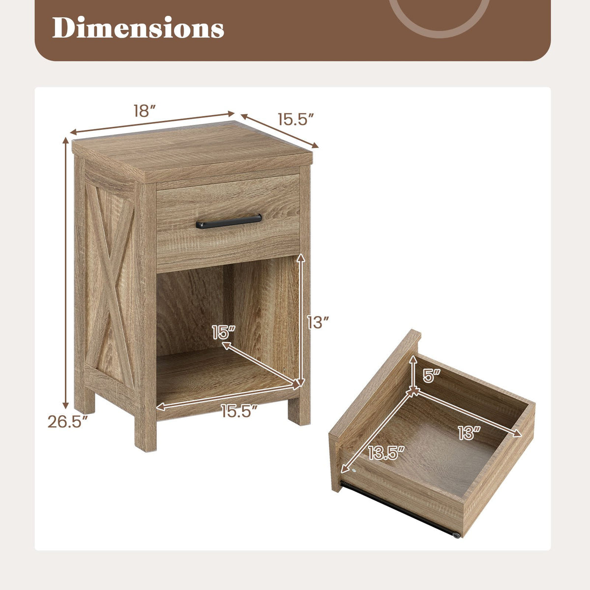 Nightstand with Drawer and Shelf-Natural view 5