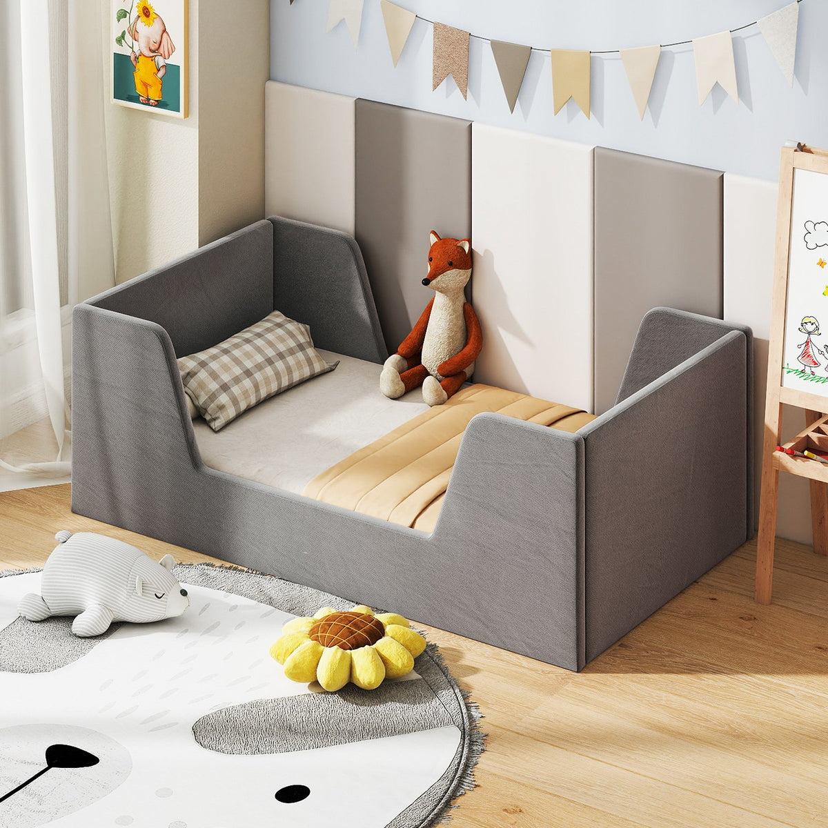 Soft Velvet Fabric Toddler Bed Frame with Safety Rails-Gray view 2