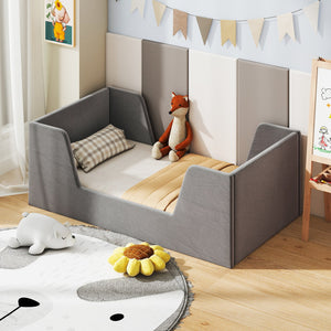 Soft Velvet Fabric Toddler Bed Frame with Safety Rails-Gray view 2